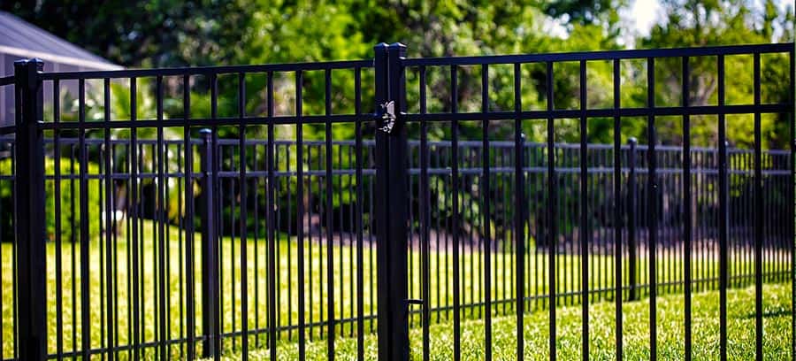 Black metal fence surrounding grassy yard.
